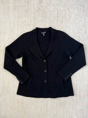 Eileen Fisher Black Merino Wool Button Up Cardigan Sweater Jacket M